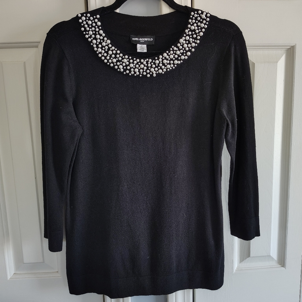 Karl Lagerfeld Paris  Black Pearl Neck Sweater S/P